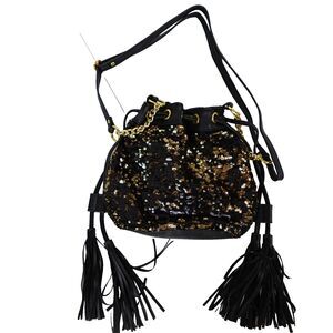 Vtg  Ion Silk Elements Sequin Tassel Bag Black & Gold Crossbody Drawstring Purse